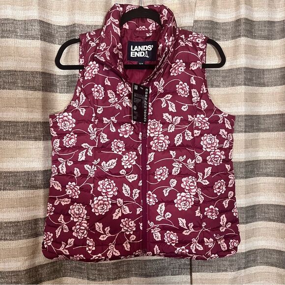 Lands End Burgundy Floral Allied Feathered Down Vest Size Small - Picture 1 of 8